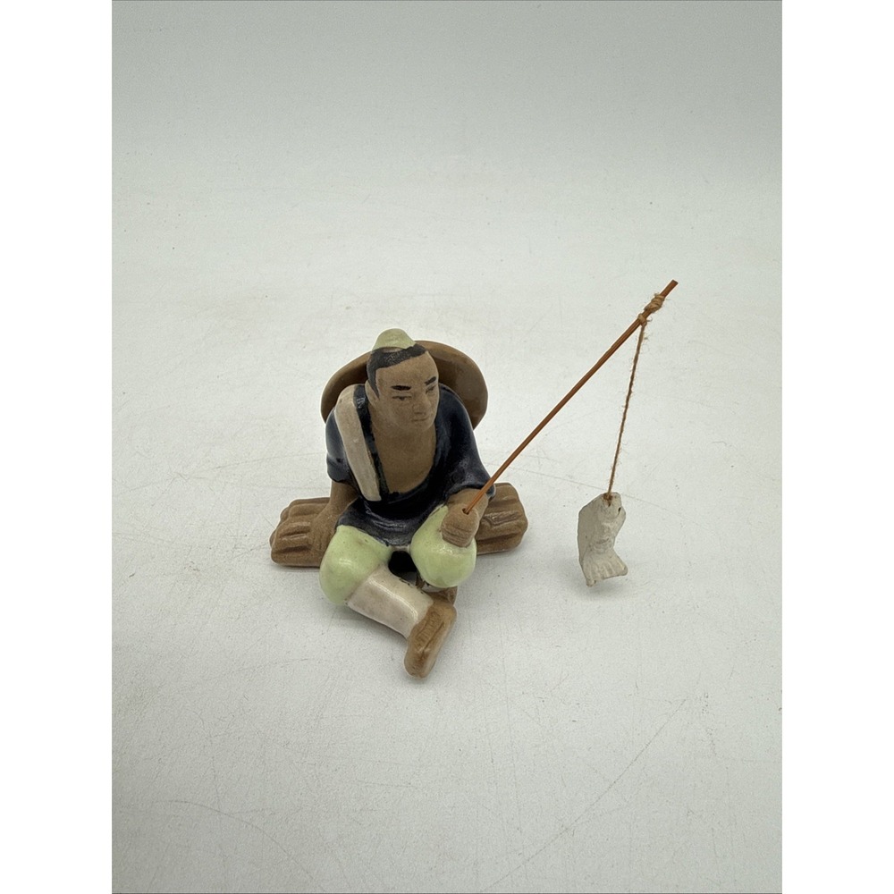 Vintage Shiwan Chinese Mudman Fisherman Figurine Seated Log With Pole and Fish